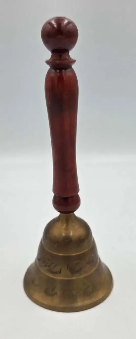 Vintage Handcrafted Brass Bell With Wooden Handle Etched India